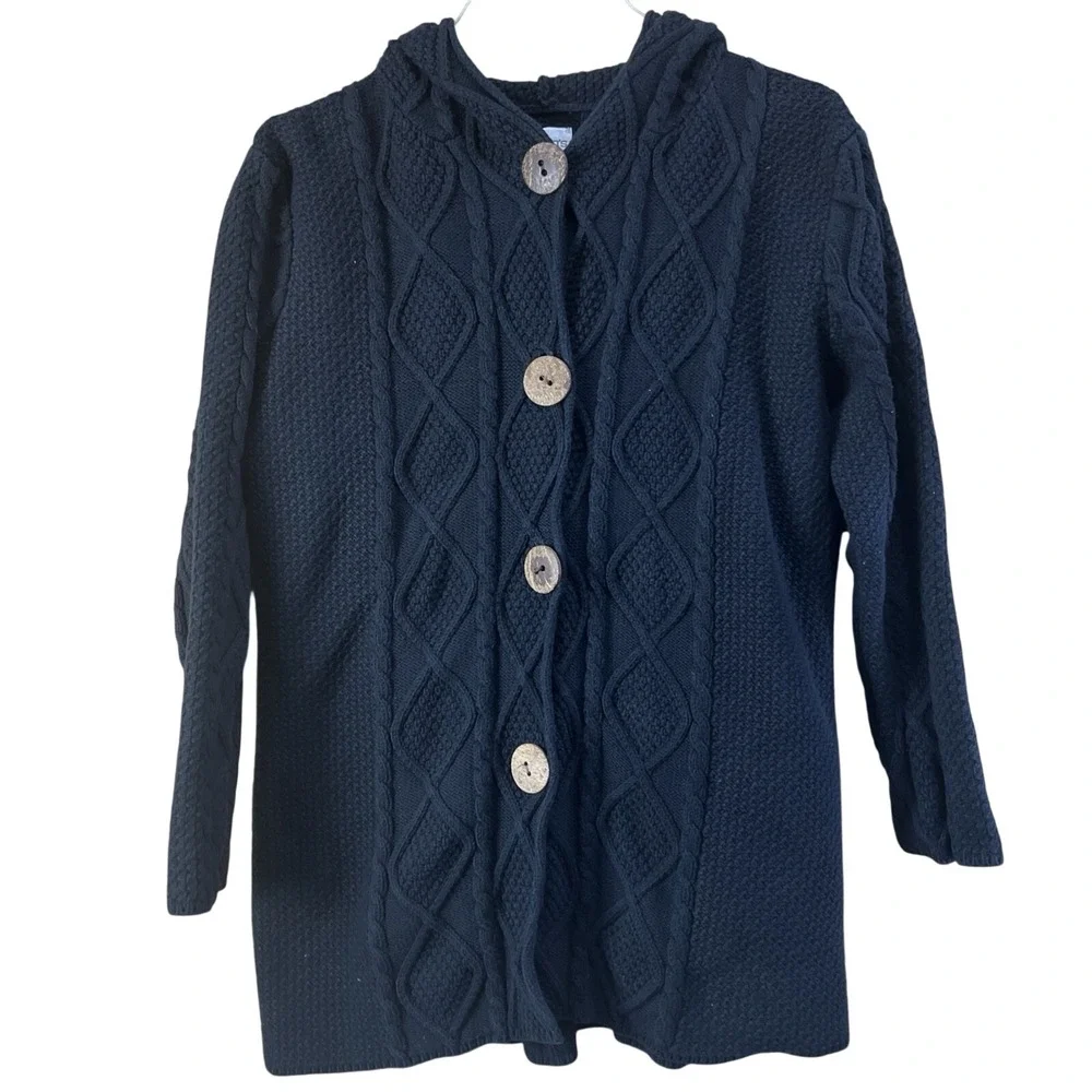 Chico's Cardigan Women 2 M Black Hooded Cable Knit Diamond Button Front Longline